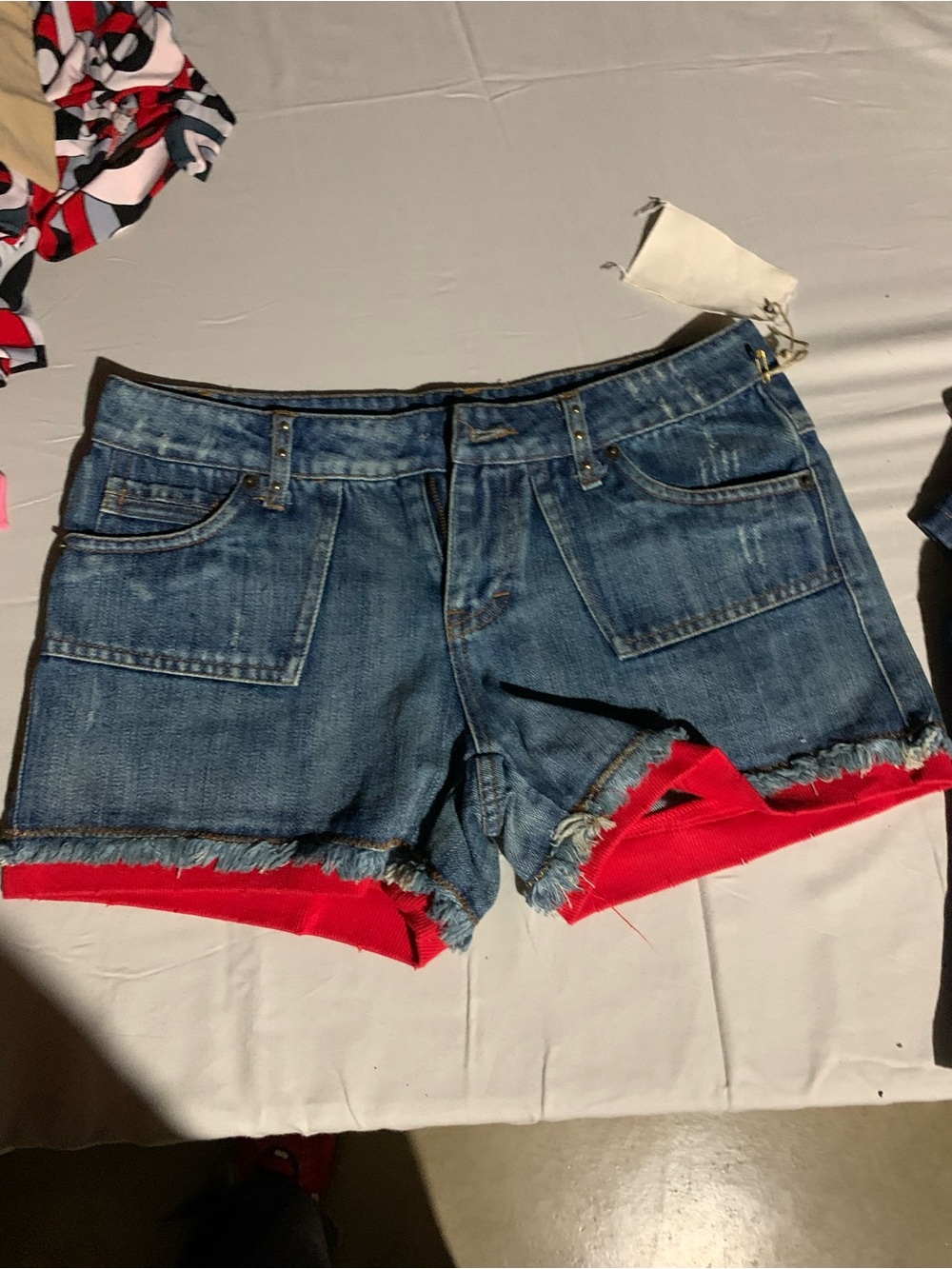 leshop Blue Denim Cutoff Shorts with Red Knit Trim